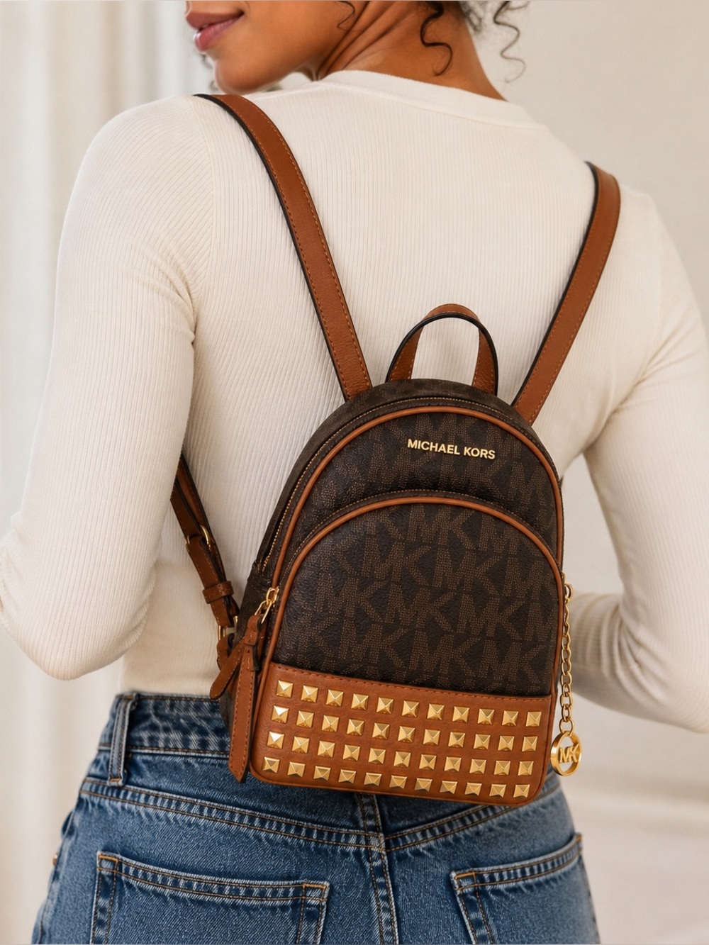 Michael Kors Mini Backpack Brown MK Monogram Studded Front Pocket